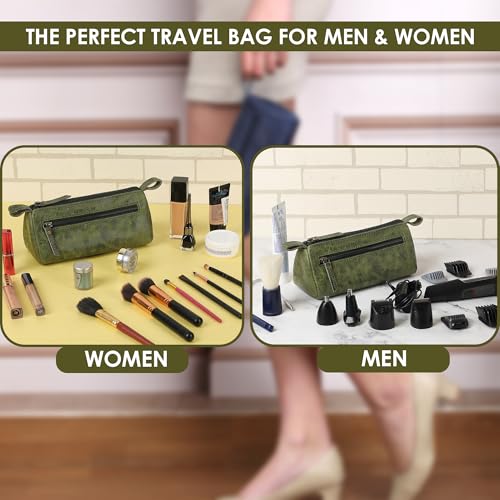 Leather Makeup Bag for Women – Genuine Leather Cosmetic Bag Travel, Handmade Zippered Makeup Pouch, Small Toiletry Bag, Shaving Kit & Stationery Organizer- Forest Green - color: Green