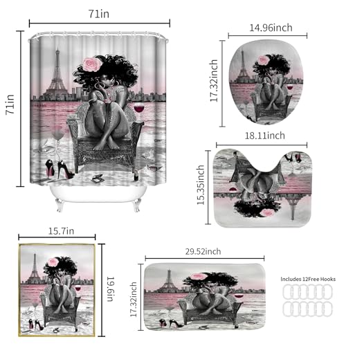 5Pcs Black Girly Bathroom Sets with Rugs and Wall Painting, Pink and Black African American Shower Curtain Set with Rugs, Parisian-Style Modern Wall Decor, Bathroom Shower Curtain and Rug Set - color: 5pcs Pink With Decor Painting