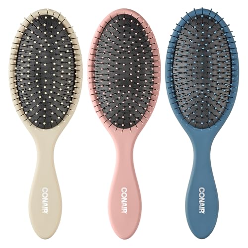 Conair Detangling Hair Brush Set, 3-Pack Detangler Brushes for Wet or Dry Hair, Gentle Detangler for All Hair Types, Bristle Hair Brushes for Women, Beige, Navy, and Coral - color: Beige,Navy,Coral, size: 3 Count Full Size