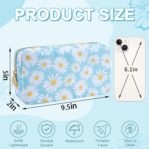 Waterproof Small Floral Makeup Bag Pouch for Purse,Nylon Flower Cosmetic Bag Preppy Travel Toiletry Storage Bag for Women Girl,Cute Makeup Organizer Bag Skincare Bag with Zipper(Small Blue-Daisy) - color: Blue-Daisy, size: Small