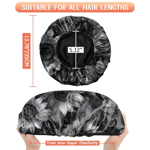 Luxury Shower Cap Terry Lined Reusable Triple Layer Waterproof Hair Elastic Caps Shower Bath Hat for Women Girls Cute Aesthetic-Black Sunflower - color: AL10-Black Sunflower