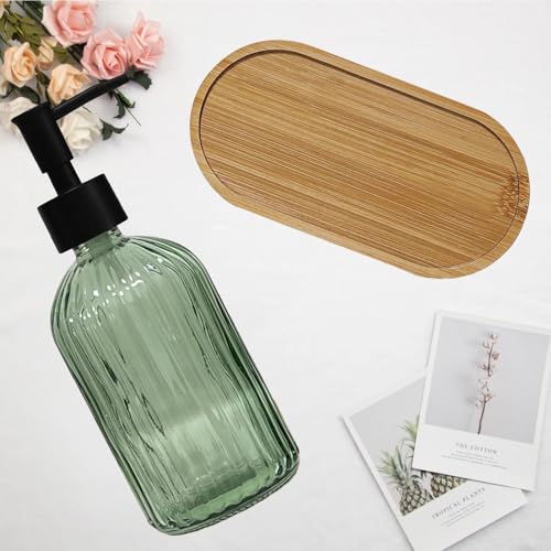 Glass Hand and Dish Soap Dispenser Set of 2 with Plastic Pumps, Bamboo Tray, 13.5oz Green Bathroom Soap Dispenser with Vertical Stripe for Hand Wash & Dish Wash, Ideal for Bathroom Kitchen Countertop - color: Green