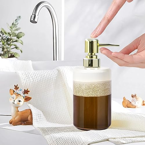 Bathroom Accessories Set of 3, Natural Reactive Glaze Ceramic Bathroom Sets Complete-Toothbrush Holders, Soap Dispenser, Soap Dish, Luxury Bathroom Decor, Bathroom Countertop Organizer, Brown Gold - size: BrownWhite3pcs