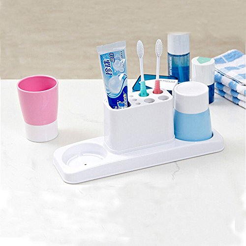 Eslite Bathroom Toothbrush Toothpaste Stand Organizer Plastic Storage Rack Set - color: Blue+pink