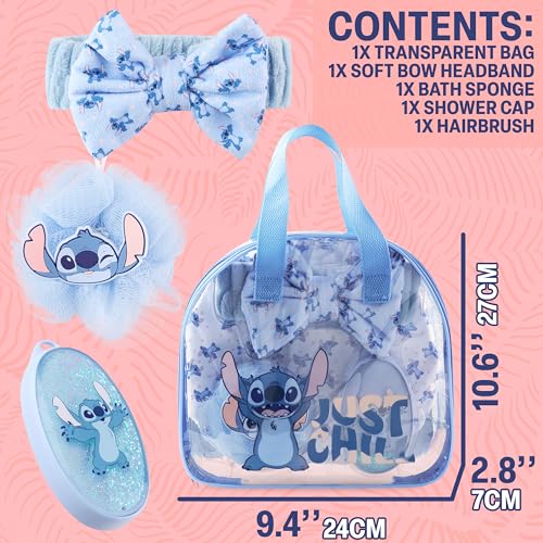 Disney Stitch Shower Accessories Set and Clear Toiletry Bag with Shower Cap Headband Bath Sponge for Bath Spa, Gifts for Girls, Teens, Women (Blue Stitch) - color: Blue Stitch, style: Stitch