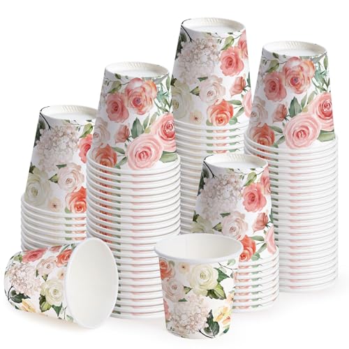 WRAPAHOLIC 3oz Flower Paper Cups - 100 Pack Disposable Bathroom Cups with Pink White Rose Floral Design, Small Mouthwash Cup for Toothbrush Rinse, Home Bathroom, Wedding and Mothers Day - color: Pink White Floral