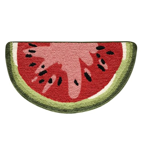 DEXI Cute Bathroom Rugs Half Round, Funny Fruits Absorbent Bath Mat Non Slip Washable, Extra Soft Plush Microfiber Bathmat for Shower Floor, Tub, Sink, Bedroom, 32x20, Watermelon - color: Watermelon