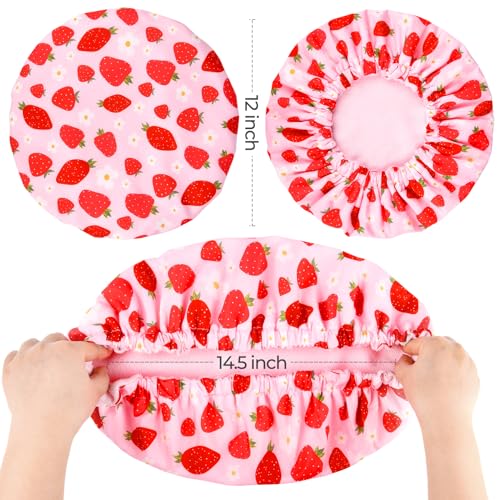 Shower Cap for Women Terry Lined Bath Cap Large Reusable Waterproof Elastic Band Pink Strawberry Shower Caps for Long Thick Hair Soft Bath Shower Hair Caps - color: Pink Strawberry Flowers