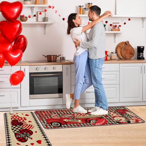 Drydiet 3 Pcs Valentines Heart Kitchen Mat and Rug Non Slip Doormat Washable Waterproof Floor Mats Farmhouse Holiday Kitchen Decor for Home Floor Office Bathroom Party Rustic Decor - color: Red, style: Valentines