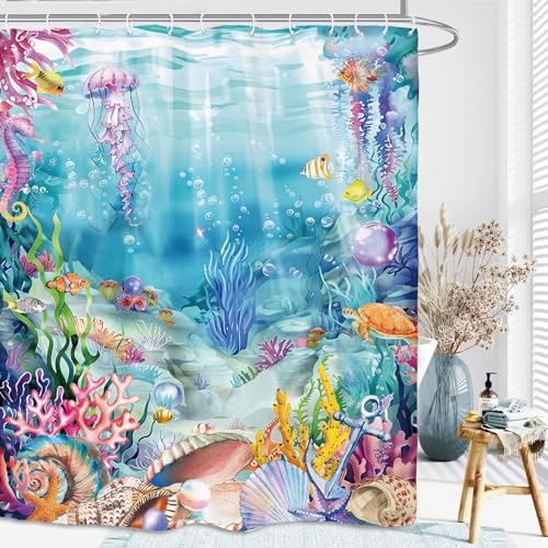 Ocean Sea Underwater Shower Curtain 60Wx72L Inch Undersea Nautical Jellyfish Seahorse Coral Shell Marine Beach Bathroom Set Accessories Decor with 12 Pack Hooks - color: Colorful Underwater, size: 60"W x 72"L (Pack of 1)