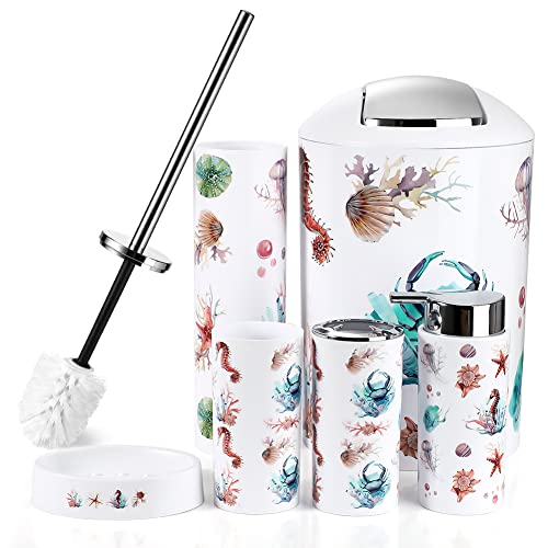 OTOSTAR 6 Piece Bathroom Accessories Set Plastic Bathroom Set Includes Toothbrush Holder Soap Dispenser Tumbler Soap Dish Toilet Brush Holder Trash Can Bath Accessories for Decor Countertop (Seahorse) - style: C-Seahorse