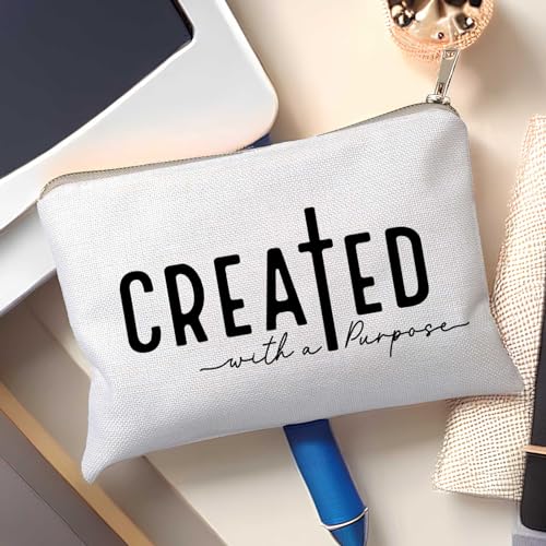 Created With a Purpose Women Makeup Bag Christian Decor Self Love Gift Toiletry Bag Religious Faith Cosmetic Pouch Linen Cotton Inspirational Multi-Purpose Bag Gift - color: Created with a Purpose