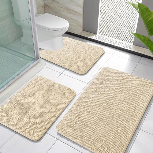 OLANLY Bathroom Rugs Sets 3 Piece, Soft Absorbent Chenille Bath Mats and U-Shaped Contour Toilet Rug, Quick Dry, Home Decor Accessories, Bath Mat Set for Bathroom (30"x20"+24"x16"+24"x20", Beige) - color: Beige, size: 30" X 20" + 24" X 16" + U24" X 20"