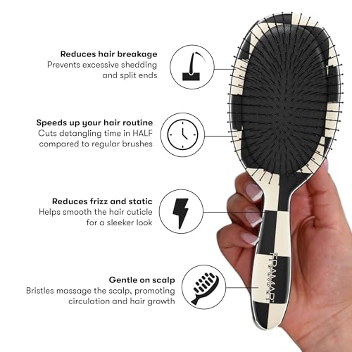 FRAMAR Checkered Print Hair Brush Detangler – Wet Hair Brushes For Women, Womens Hair Brush, Black and White Checkered Hair Accessories, Hairbrush For Women, Cepillos Para Cabello – Detangle Brush - color: Checkered