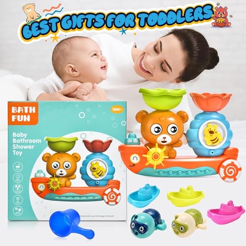 Baby Bath Toys Toddlers 1-3 Bear Kids Bath Tub Toys with 2 Turtle Swimming Wind up Water Toys & 3 Floating Boat Bathtub Toys for Infants Boys Girls 18+ Months Gifts Box Set - style: Turtles and bear