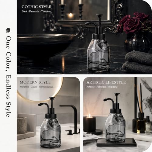 Glass Soap Dispenser – 12.5 Oz, 3D Black Smoke Pattern Thick Glass Bottle with Rust-Free ABS Pump, Smooth Action Hand Soap Dispenser for Kitchen Bathroom Countertop, Liquid Dish Soap, Lotion (Black) - color: Black-01