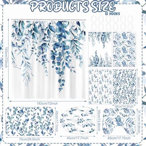 Tatuo 8 Pcs Blue Eucalyptus Shower Curtain Set Blue Eucalyptus Theme Bathroom Accessories Sets Decor Nautical Coastal Waterproof Shower Curtain with Towels Carpet Bath Mat Toilet Rugs and 12 Hooks - style: Blue Eucalyptus