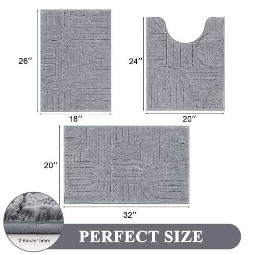 Vaukki Bathroom Rugs Sets 3 Piece, Light Grey Washable Non Slip Soft Bath Mats for Shower and Tub, Plush Absorbent Microfiber Toilet Rug U Shaped, 32x20+26x18+24x20 Inch - color: Light Grey, size: 18''x26''+20''x32''+20''x24''