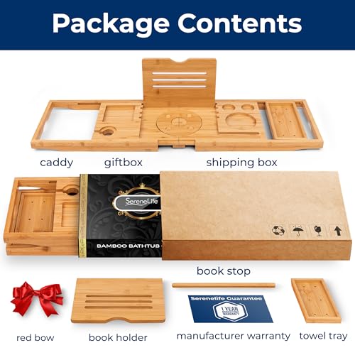 SereneLife Premium Bathtub Tray Caddy, Expandable Bath Tray, Unique House Warming Gifts, Gift for Mom, Women, New Home, Wedding, Anniversary, Bridal Shower, Universal Fit for All Tub - color: Natural, Folding, Gift Set
