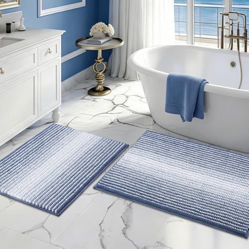 BSICPRO Bathroom Rugs and Mats Sets, 2 Piece Thick Absorbent Chenille Bath Mat Rug Set Non Slip, Soft Shaggy Bath Room Floor Mats for Bathroom, Machine Washable (20" x 32" Plus 16" x 24",Denim Blue) - color: Denim Blue, size: 20" x 32" Plus 16" x 24"