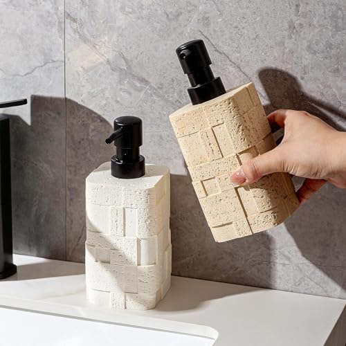Soap Dispensers 13.5 OZ, 2 PCS Travertine Stone Look, White | Luxurious, Modern, Hand Dish Lotion Shampoo Soap Dispenser Jar with Pump Bottles for Kitchen Sink Bathroom Countertop - color: White