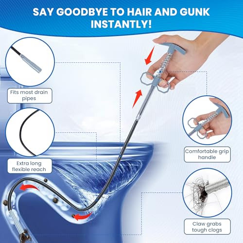 Drain Snake, 79 Inch Drain Clog Remover Tool with pair of Reusable Gloves – Flexible Grabber Claw Hair Drain Cleaner for Sink, Shower, Tub, Toilet, Bathroom & Kitchen Pipes - style: Pack of 1 - 79"