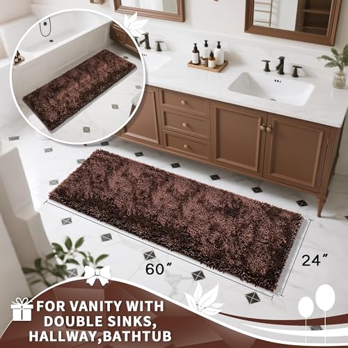 Yimobra Long Bathroom Rugs Runner 60x24 Inch, Extra Thick Soft Absorbent Chenille Bath Mat, Non Slip Machine Washable, Quick Dry Bath Rugs for Bathroom Floor, Tub and Shower, Brown - color: Brown, size: 60" X 24"