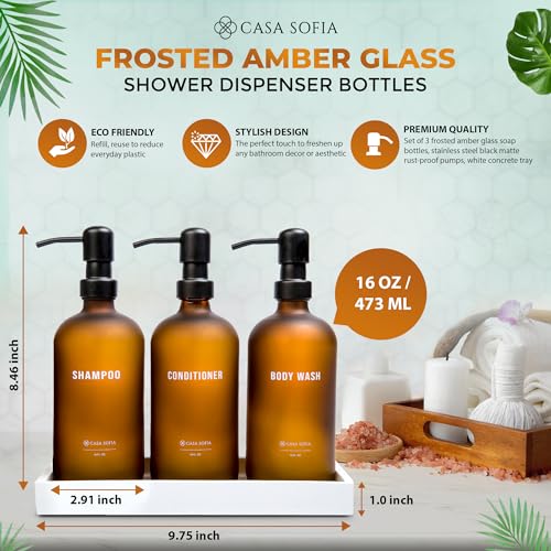 Frosted Amber Glass Shampoo and Conditioner Dispenser Set – Refillable 16 oz Pump Bottles with Concrete Tray – Luxury Bathroom Organization & Modern Shower Soap Dispensers - color: Frosted Amber Glass
