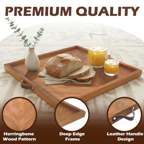 Large Square Ottoman Tray 24.5"x24.5", Wooden Ottoman Trays with Leather Handles, Rustic Decorative Storage Tray for Ottoman - size: 24.5" x 24.5" x 1.5"
