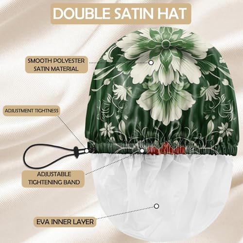 Shower Cap Adjustable Waterproof Double Layer Elastic Reusable Hair Bath Cap Cute Aesthetic for Women Girls-Green Flower - color: R5-Green Flower