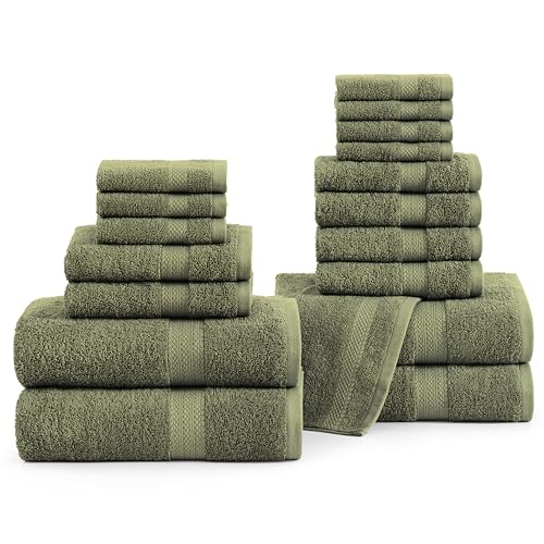 LANE LINEN 100% Cotton Bath Towel Set of 18 - Softer, High Absorbency & Durable - 4 Bath, 8 Wash Cloth, 6 Hand Towels for Bathroom - Premium Look, Spa Quality, Solid Dyed Towels - Oil Green - color: 07: Oil Green, size: 18 Piece Towel Set