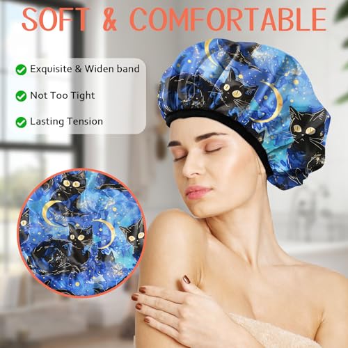 Luxury Shower Cap Terry Lined Reusable Triple Layer Waterproof Hair Elastic Caps Shower Bath Hat for Women Girls Cute Aesthetic-Black Cat - color: AL7-Black Cat