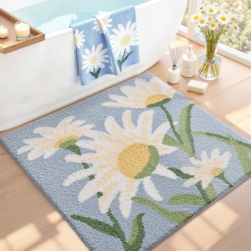 LUMI Bathroom Rugs Cute Daisy, Soft Absorbent Square Bath Mat Non-Slip, Machine Washable Quick Dry Blue Luxury Rug Flower for Kids Room, Bathtub, Home Decor, 32"x32" - color: Blue Daisy, size: 32"x32"(Square)