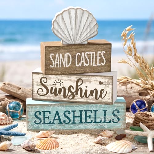 Yuntau 4 Pcs Summer Decorations for Home Beach Shells Wooden Tabletop Decor Summer Tiered Tray Decor Rustic Sand Castles Sunshine Seashells Block Sign Centerpiece Farmhouse Table for Shelf Office - style: Shells