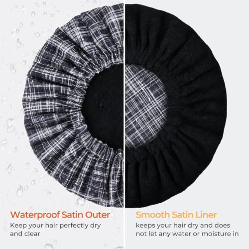 Shower Cap for Men Black Bath Cap, Reversible Terry Lined Large Waterproof Adjustable Shower Caps Elastic Band Stretch Hem Hair Hat for braids - color: Shadow Plaid