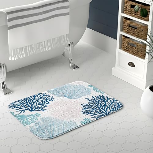 Blue Coastal Ocean Bath Mat | Beach Nautical Bathroom Rugs, Non Slip, 16x24 - color: Blue Coral