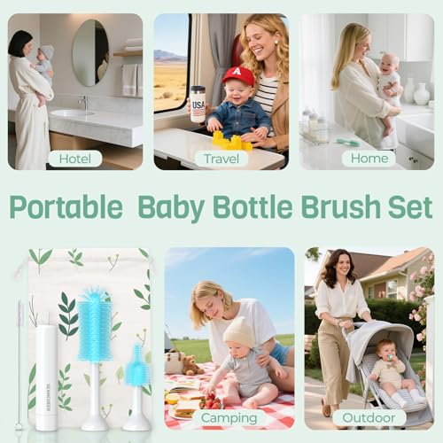 SEANCHEER S02 Electric Bottle Brush Set, Portable Baby Bottle Brush Cleaner, AA Battery-Powered & IPX7 Waterproof, with Silicone Bottle/Nipple/Straw Brush, for Home & Travel (Blue) - color: White-blue