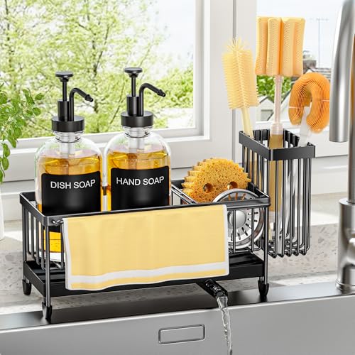 Kitchen Soap Dispenser Set with Sponge Holder and Towel Rack, 17OZ Glass Bottle, Hand and Dish Soap Dispenser Set, Non-Slip Silicone Pad, Brush Holder, Sink Organizer Countertop (Transparent) - color: Transparent