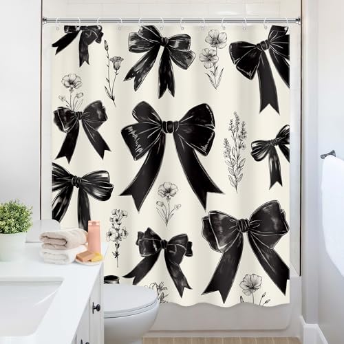 Black Bow Shower Curtain Girls Vintage Coquette Bowknot Floral Wildflower Retro Girly Fashion Elegant Plant 60Wx72L Inch Bathroom Set Aesthetic Bath Curtain Bathtub Accessories Home Decor - color: A 01black, size: 60"W x 72"L (Pack of 1)