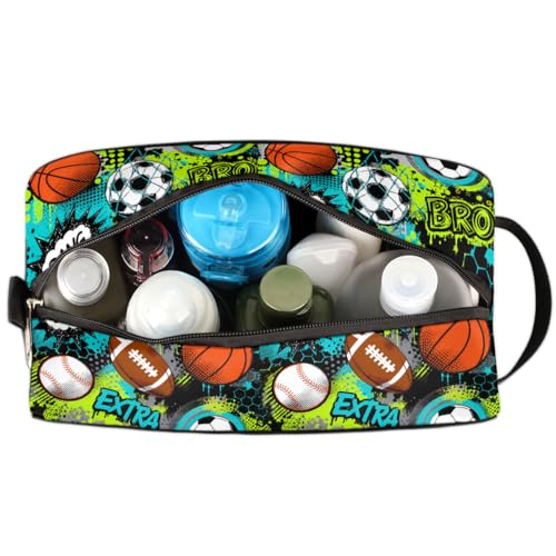 Kids Travel Toiletry Bag - Waterproof Hanging Cosmetic Hygiene Bags for Boys Men - Large Shave Kit for Toiletries Accessories Bathroom Stuff, Basketball Baseball Sports - color: Basketball Baseball Sports