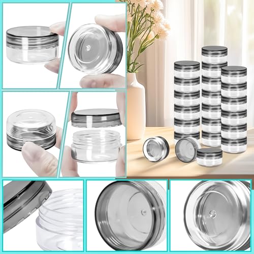 50 Pack 10g Plastic Jars with Lids, 10ml Round Clear Cosmetic Containers Makeup Jars, 10gram Travel Size Container Jar with Spatulas for Makeup Sample Lotion Cream Ointment Salve Balm Powder - color: Black, size: 10g
