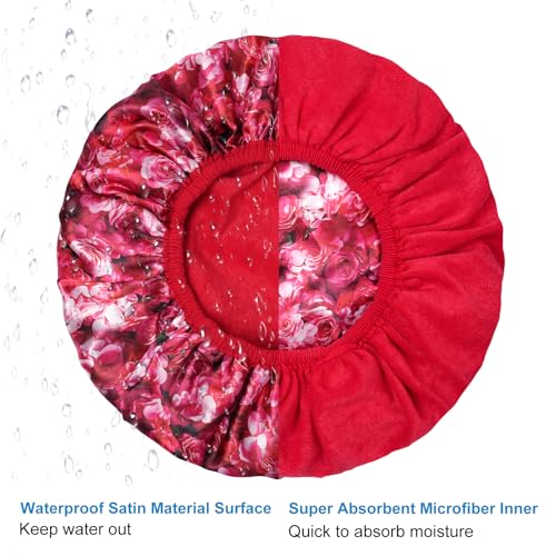 Upgraded Waterproof Terry Shower Cap, Reusable Shower Cap for Women with Long Hair, Soft Absorbent Hair-Protecting Towel Lining Bath Cap, Large Leak-Proof Hair Cap with Fashionable Print Outer - Red - color: Red