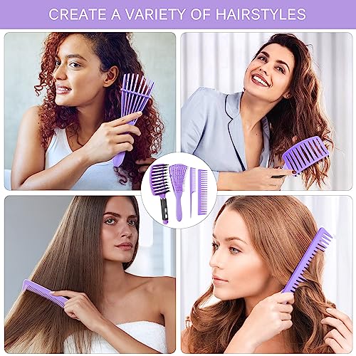 4pcs Curly Detangling Brush Set for Adult & Kids Wet or Dry, 3/4ABC Hair with Wide Tooth Comb (4, Purple) - color: Purple, size: 4pcs