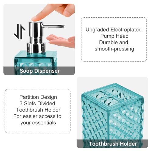 Bathroom Accessories Set 2 PCS, Teal Blue Bathroom Accessories Include Soap Dispenser and Toothbrush Holder, Diamond Pattern Bathroom Set for Boho Bathroom Decor - color: Teal Blue