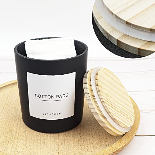 3PCS Modern 13.53oz Black Bathroom Canisters with 12 Labels & Wooden Lid Thick Glass Jar Set Qtip Holder for Cotton Ball & Pads Storage Organization Minimalist Decor