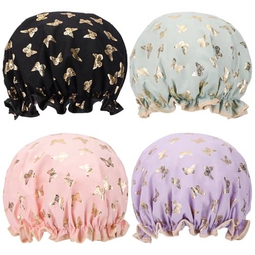 4 Pcs Shower Caps Hat for Women and Girl, Reusable Waterproof Bath Cap Double Waterproof Layers Butterfly - color: 4 Pack - Butterfly