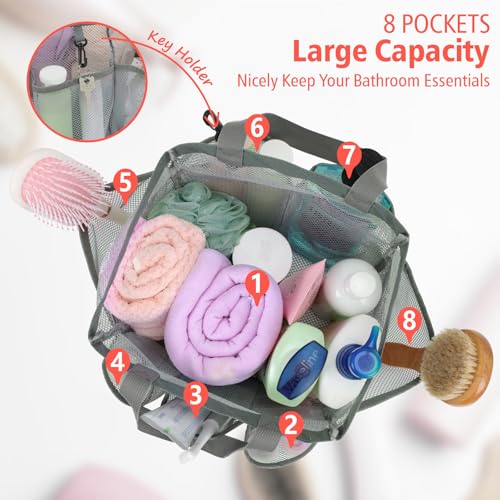 Mesh Shower Caddy Portable - 8 Pockets, S-Hook, Shower Bag for Dorm Camping | 2-Handle, Quick-Dry, Hanging Toiletry Organizer, College Dorm Room Essentials for Girls, Gym, Travel & Bathroom, Grey - color: Grey, size: L (Classic Dorm Caddy)
