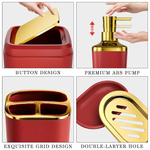 XLHOMO Bathroom Accessories Set - 25PC Bathroom Set with Shower Curtain and Rugs, Burgundy Bathroom Set, Bathroom Accessory Set with Press-on Lid Trash Can, Soap Dispenser and Qtip Holders - color: Burgundy & Gold, size: Plaid Complete Set + Bath Rugs