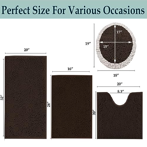 Bathroom Rugs Sets 4 Piece, Extra Soft Absorbent Chenille Bath Rugs, Non Slip Rubber Backing Machine Washable Quick Dry Bath Mats for Bathroom Floor, Tub, Shower, Home Decor Accessories, Brown - color: Dark Brown