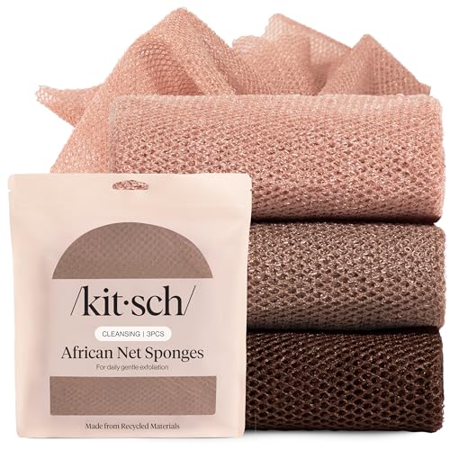 Kitsch African Net Sponge – Exfoliating Body Scrubber for Cleansing & Gentle Daily Exfoliation – Stretchable Bath Sponge for Hard-to-Reach Areas, Long-Lasting Shower Essential - Rosewood, 3 Pcs - color: Rosewood